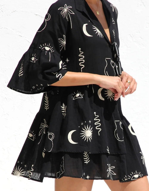 Load image into Gallery viewer, Ruched Printed Three-Quarter Sleeve Mini Dress
