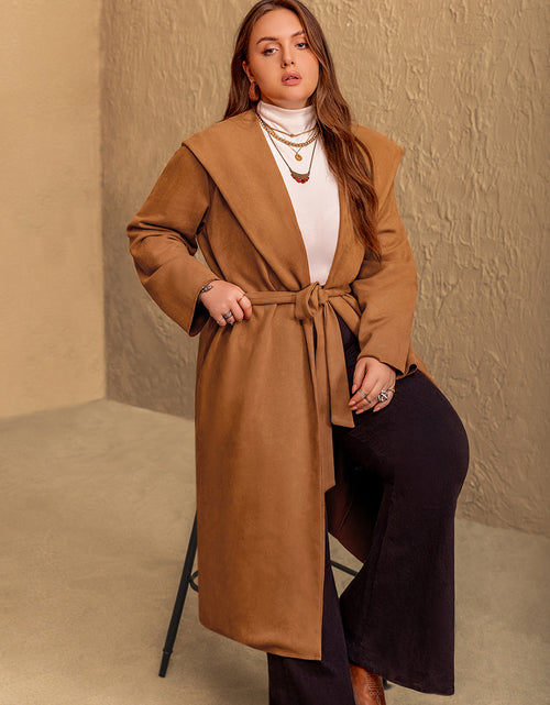 Load image into Gallery viewer, Plus Size Tied Long Sleeve Hooded Coat with Pockets
