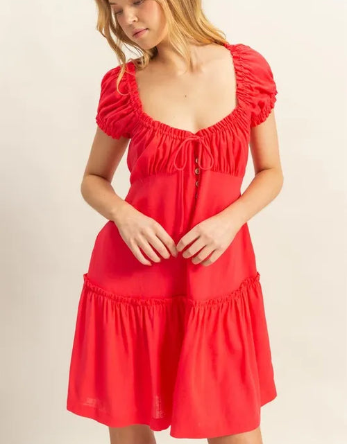 Load image into Gallery viewer, HYFVE Ruched Frill Tiered Short Sleeve Mini Dress
