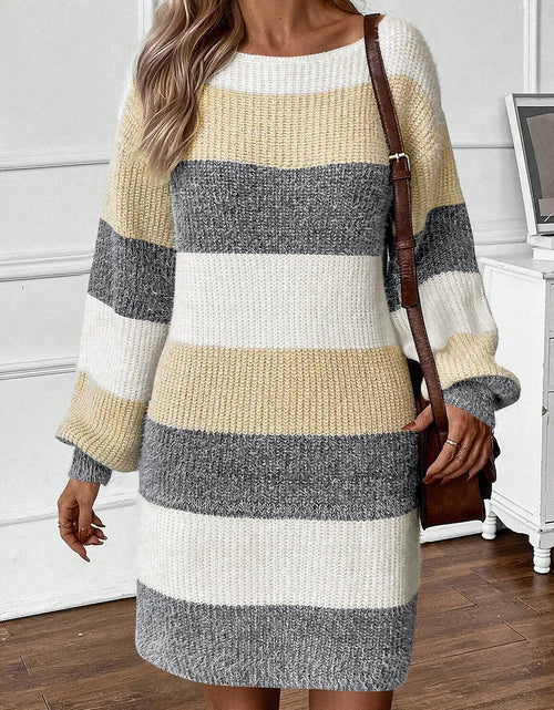 Load image into Gallery viewer, Color Block Boat Neck Long Sleeve Sweater Dress
