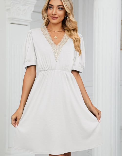 Load image into Gallery viewer, Contrast V-Neck Puff Sleeve Pocket Dress
