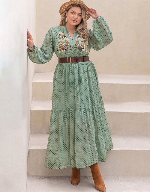 Load image into Gallery viewer, Plus Size Tassel Printed Tie Neck Long Sleeve Midi Dress
