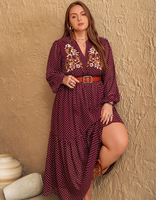Load image into Gallery viewer, Plus Size Embroidered Polka Dot Tie Neck Long Sleeve Midi Dress
