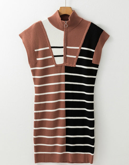 Load image into Gallery viewer, Striped Quarter Zip Cap Sleeve Sweater Dress
