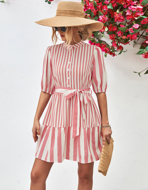 Load image into Gallery viewer, Striped Half Sleeve Tie Waist Mini Dress

