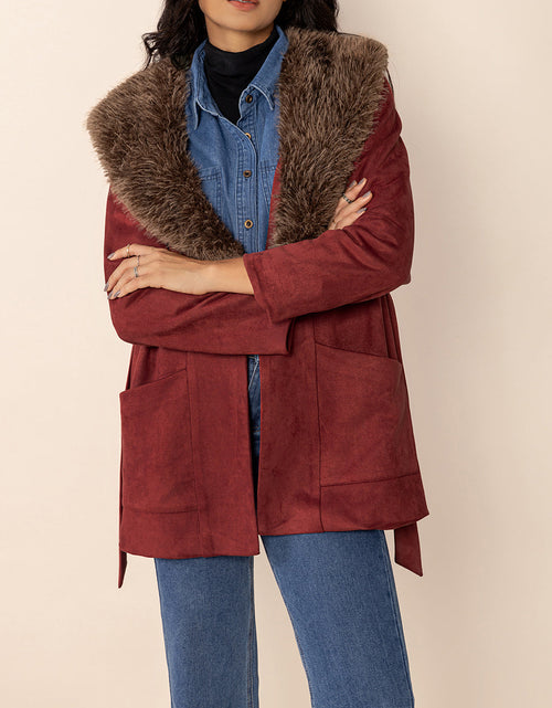 Load image into Gallery viewer, Fuzzy Collared Neck Tie Waist Jacket
