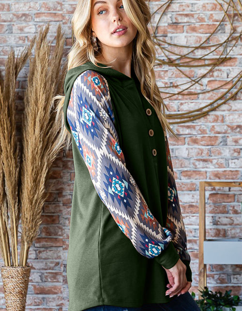 Load image into Gallery viewer, Heimish Full Size Half Button Printed Long Sleeve Hooded Top
