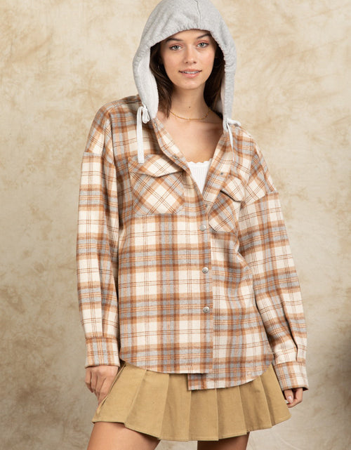 Load image into Gallery viewer, Drawstring Plaid Long Sleeve Hooded Jacket
