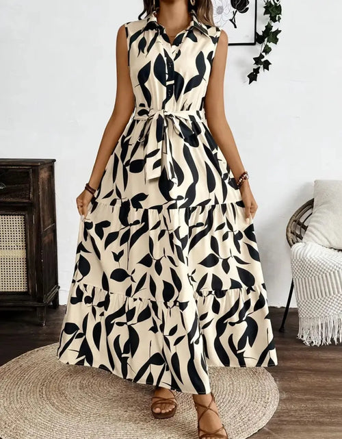 Load image into Gallery viewer, Printed Tie Waist Sleeveless Maxi Dress
