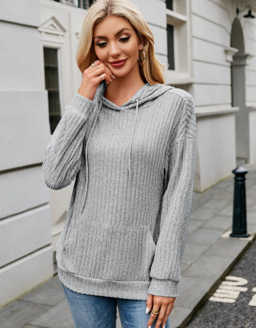 Load image into Gallery viewer, Ribbed Drawstring Long Sleeve Hoodie

