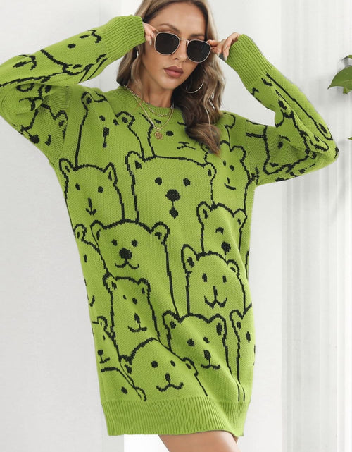 Load image into Gallery viewer, Bear Pattern Round Neck Sweater Dress
