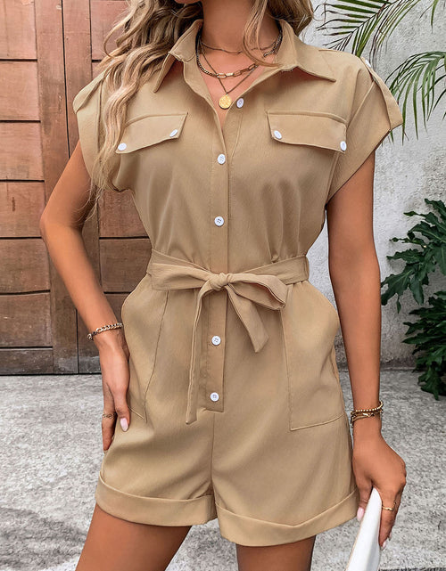 Load image into Gallery viewer, Perfee Collared Neck Tie Waist Romper with Pockets
