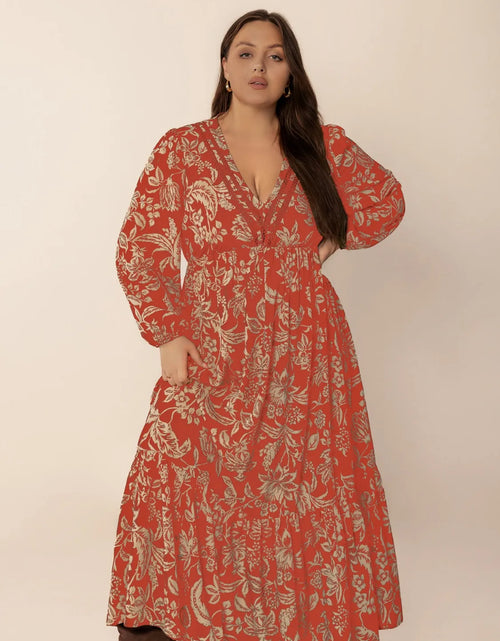 Load image into Gallery viewer, Plus Size Lace Detail Printed Balloon Sleeve Midi Dress
