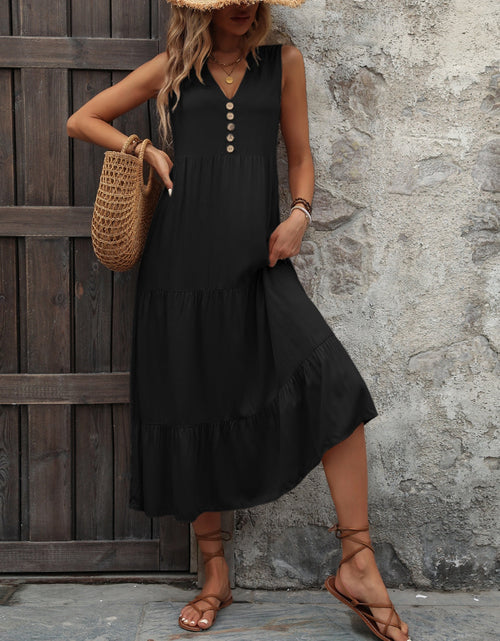 Load image into Gallery viewer, Ivy Lane Decorative Button Notched Sleeveless Dress
