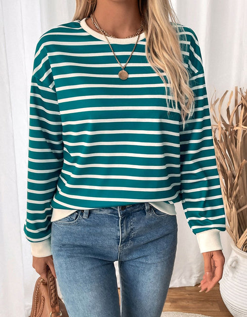Load image into Gallery viewer, Perfee Striped Contrast Round Neck Long Sleeve Sweatshirt
