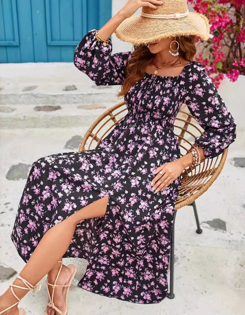 Load image into Gallery viewer, Slit Smocked Floral Square Neck Balloon Sleeve Midi Dress
