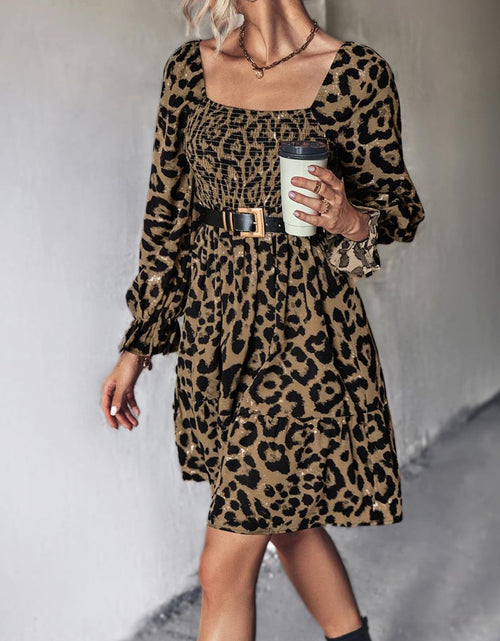 Load image into Gallery viewer, Leopard Smocked Flounce Sleeve Mini Dress
