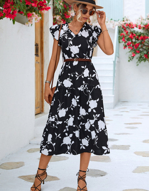 Load image into Gallery viewer, Floral Frill Trim V-Neck Tiered Midi Dress
