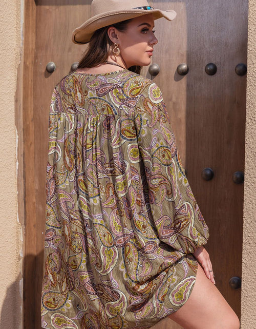 Load image into Gallery viewer, Plus Size Printed V-Neck Long Sleeve Midi Dress
