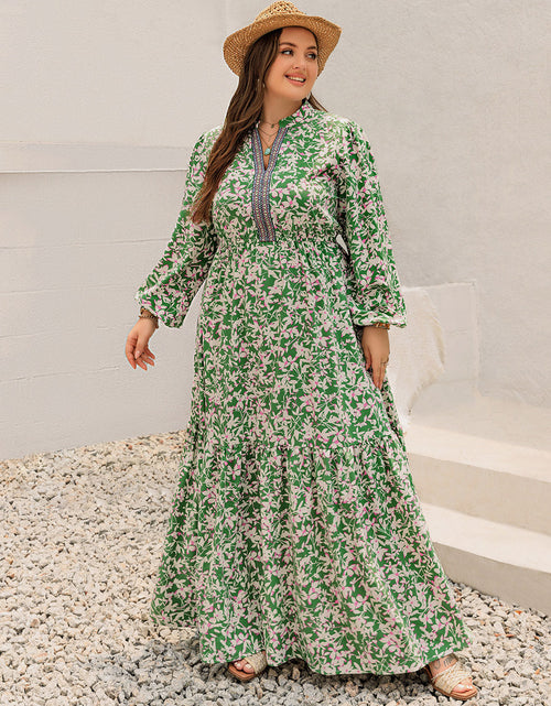 Load image into Gallery viewer, Plus Size Printed Notched Long Sleeve Maxi Dress
