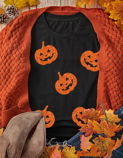 Load image into Gallery viewer, Full Size Glitter Jack-O'-Lantern Round Neck Short Sleeve T-Shirt
