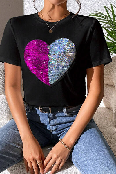 Load image into Gallery viewer, Heart Sequin Round Neck Short Sleeve T-Shirt
