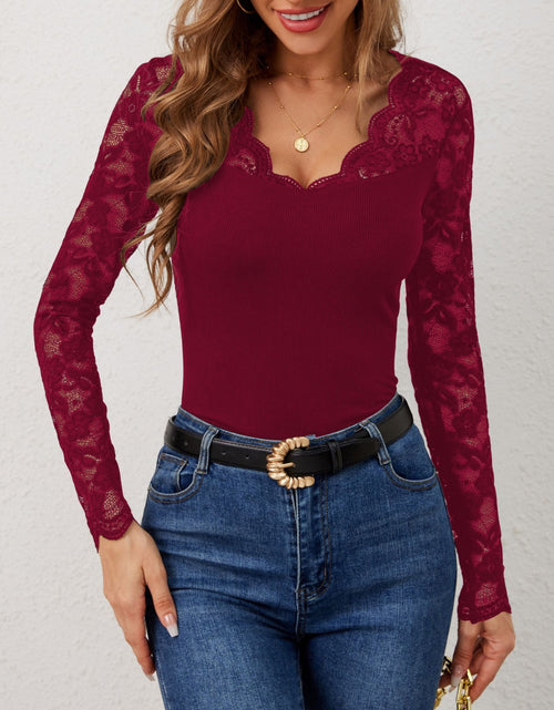 Load image into Gallery viewer, Lace Wavy Hem V-Neck Long Sleeve Top
