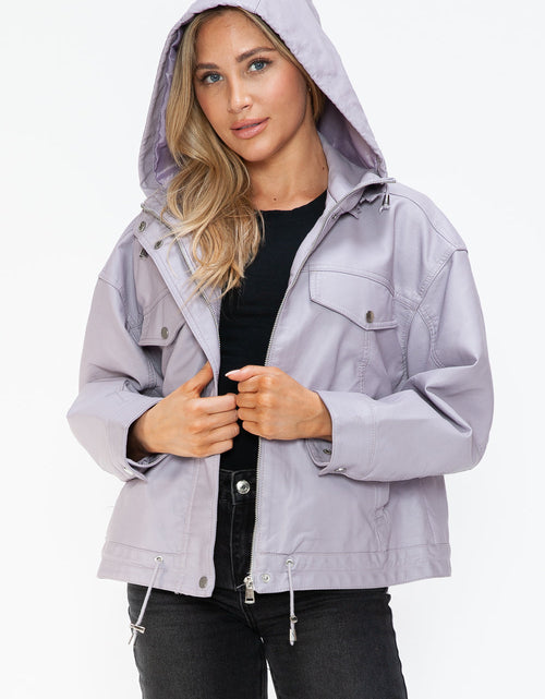 Load image into Gallery viewer, How Dare U Drawstring Hem PU Leather Zip Up Jacket
