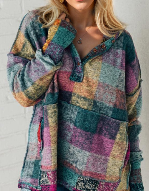Load image into Gallery viewer, Double Take Full Size Half Button Thumbhole Long Sleeve Fleece Hoodie
