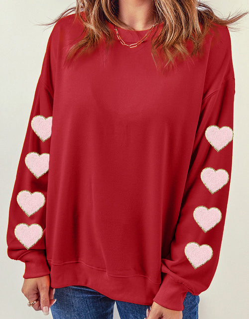 Load image into Gallery viewer, Heart Round Neck Dropped Shoulder Sweatshirt
