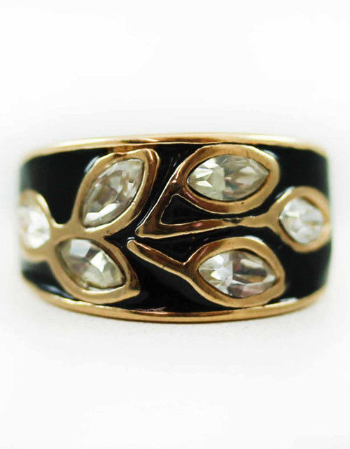 Load image into Gallery viewer, Vintage 1980's Black Enamel Ring with Clear Austrian Crystals Leaf Motif 18k Gold Plated by PVD Vintage Jewelry
