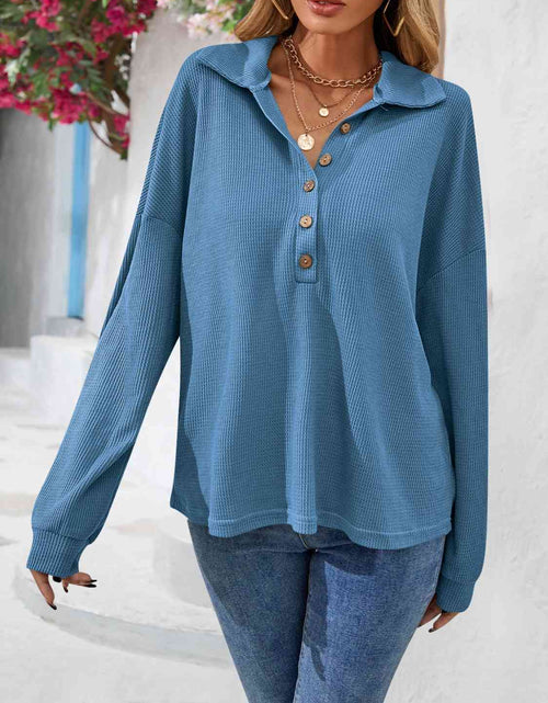 Load image into Gallery viewer, Half Button Collared Neck Long Sleeve Top

