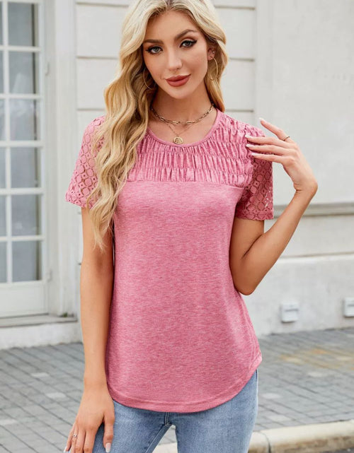 Load image into Gallery viewer, Smocked Round Neck Short Sleeve T-Shirt

