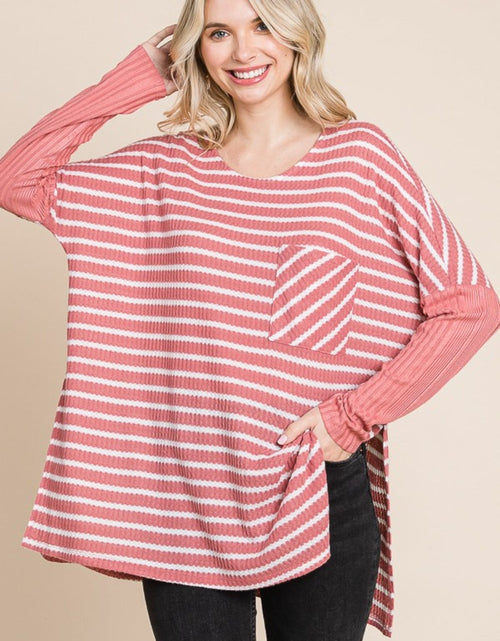 Load image into Gallery viewer, Culture Code Oversize Striped Round Neck Long Sleeve Slit T-Shirt
