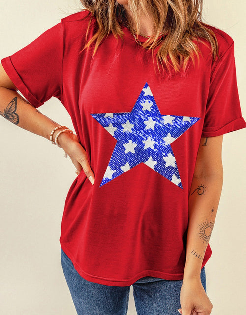Load image into Gallery viewer, Sequin Star Round Neck Short Sleeve T-Shirt
