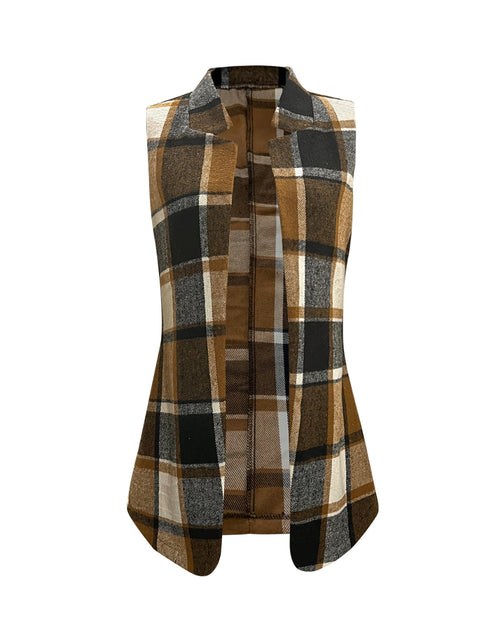 Load image into Gallery viewer, Plaid Open Front Collared Neck Vest
