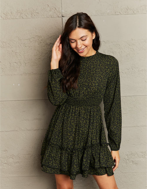 Load image into Gallery viewer, Honey Leopard Smock Waist Long Sleeve Dress
