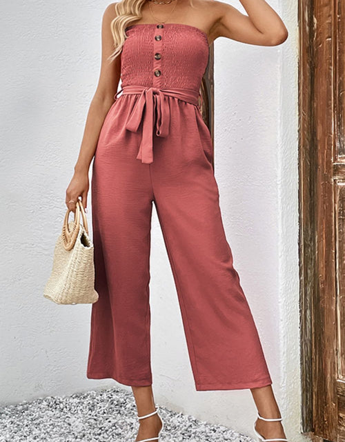 Load image into Gallery viewer, Perfee Decorative Button Strapless Smocked Jumpsuit with Pockets
