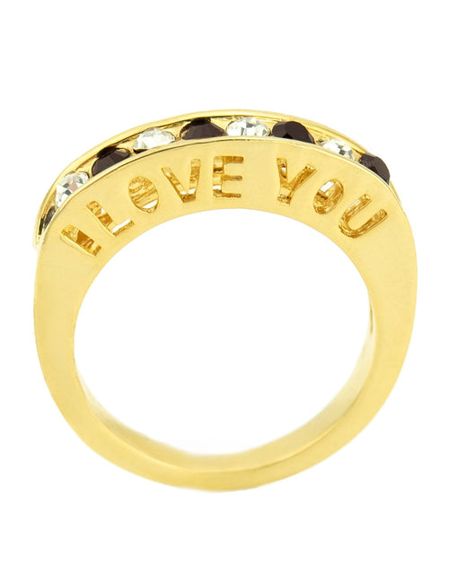 Load image into Gallery viewer, Vintage 1980s I Love You Ring Band Ring Garnet and Clear Austrian Crystals Imported by PVD Vintage Jewelry
