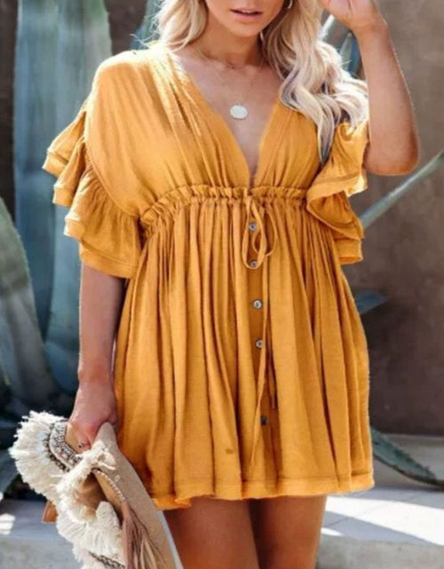 Load image into Gallery viewer, Drawstring Ruffled Half Sleeve Mini Dress
