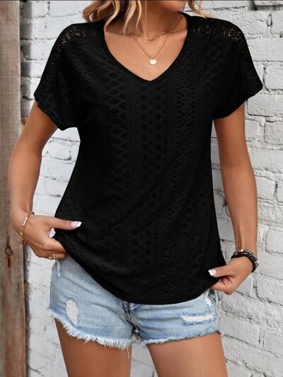 Load image into Gallery viewer, Eyelet V-Neck Short Sleeve T-Shirt
