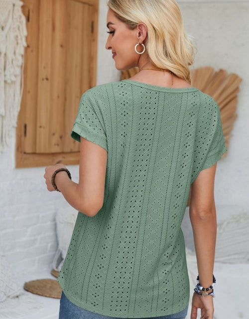 Load image into Gallery viewer, Eyelet Round Neck Rolled Short Sleeve T-Shirt
