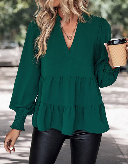 Load image into Gallery viewer, Perfee Notched Neck Lantern Sleeve Blouse
