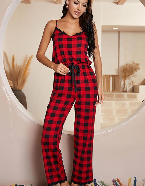 Load image into Gallery viewer, Plaid Lace Trim Spaghetti Strap Jumpsuit
