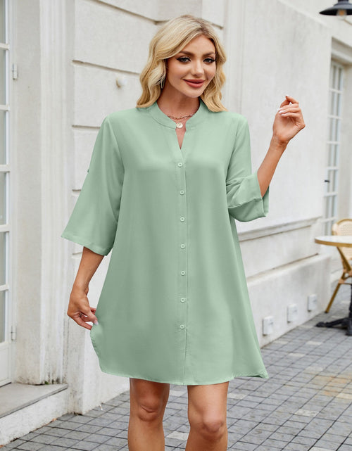 Load image into Gallery viewer, Notched Long Sleeve Mini Shirt Dress
