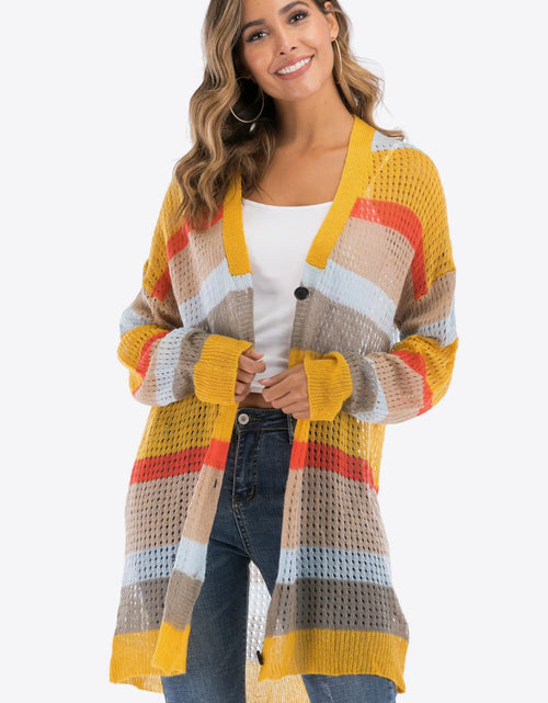 Load image into Gallery viewer, Color Block Openwork Long Sleeve Cardigan
