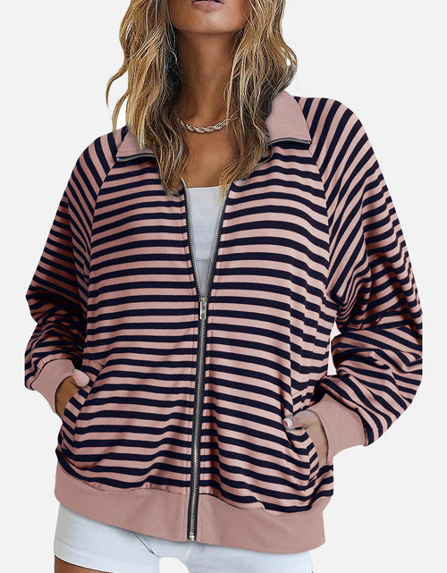 Load image into Gallery viewer, Striped Zip Up Long Sleeve Sweatshirt
