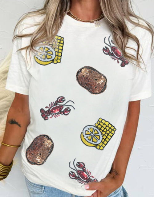 Load image into Gallery viewer, Sequin Crawfish Potato Round Neck Short Sleeve T-Shirt
