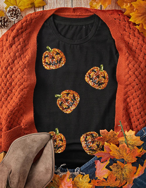 Load image into Gallery viewer, Sequin Pumpkin Round Neck Short Sleeve T-Shirt
