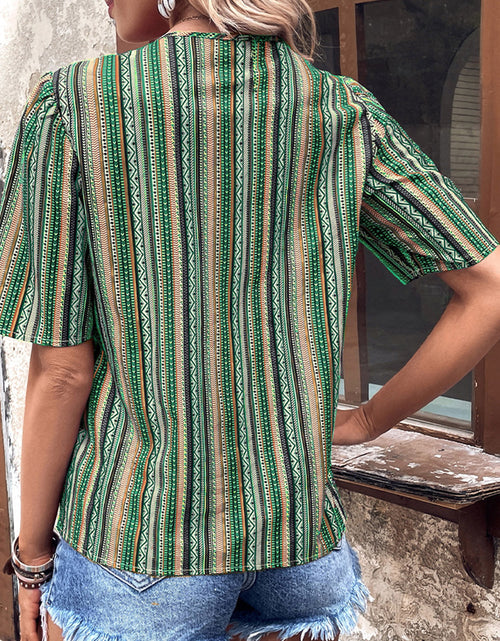 Load image into Gallery viewer, Shiny Printed V-Neck Button-Up Short Sleeve Top
